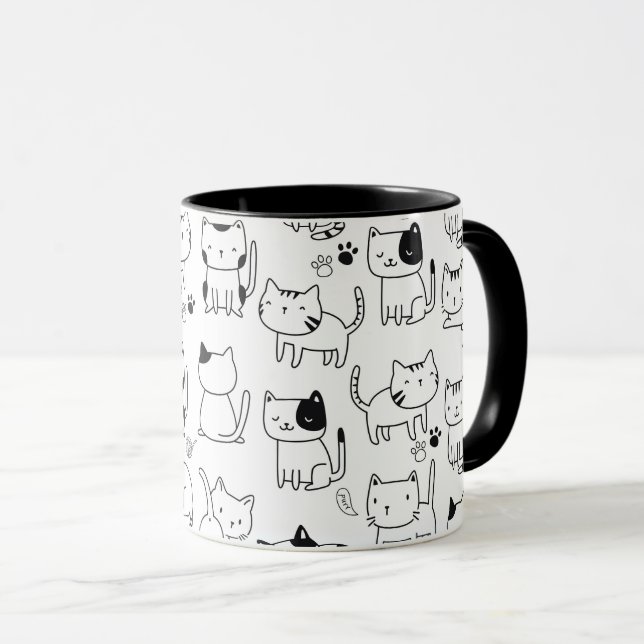 Cute Doodle Cats Black White Pattern Mug (Front Right)