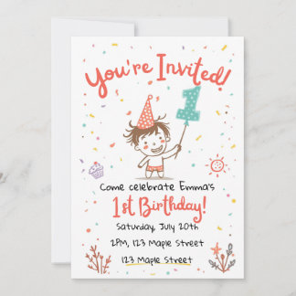 Cute Doodle Crayon Style First Party invite