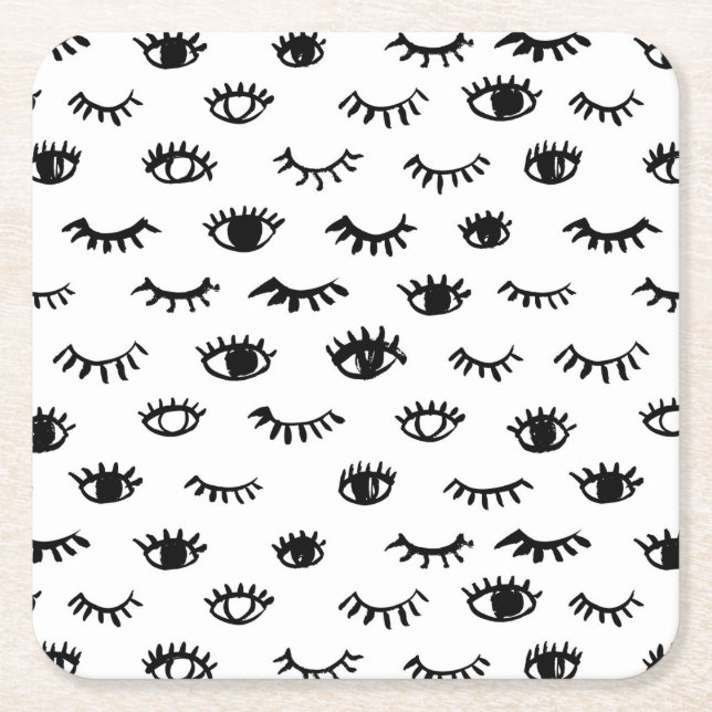 Cute Doodle Eyelash Pattern Square Paper Coaster (Front)