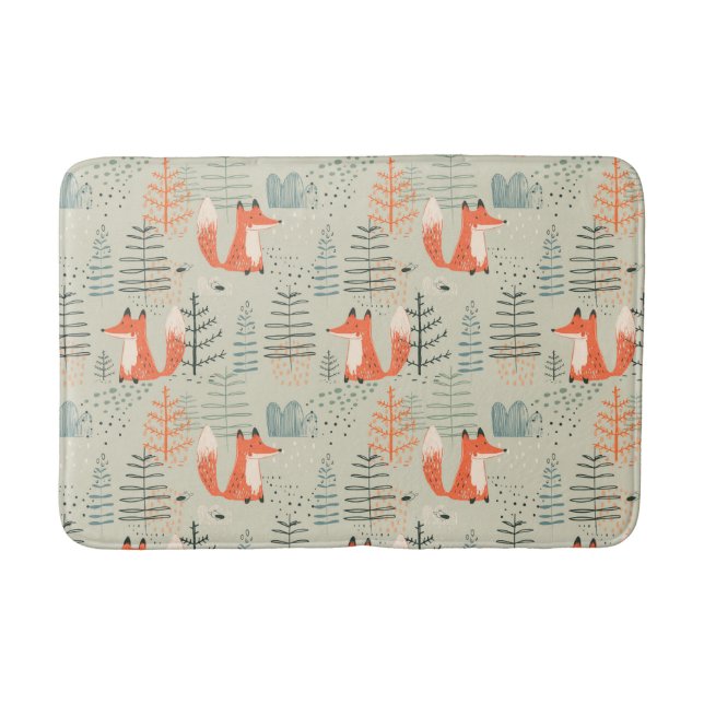 Cute Doodle Fox Forest Woodland Pattern Bath Mat (Front)