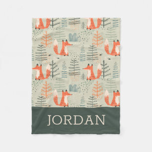 Cute Doodle Fox Forest Woodland Pattern Fleece Blanket