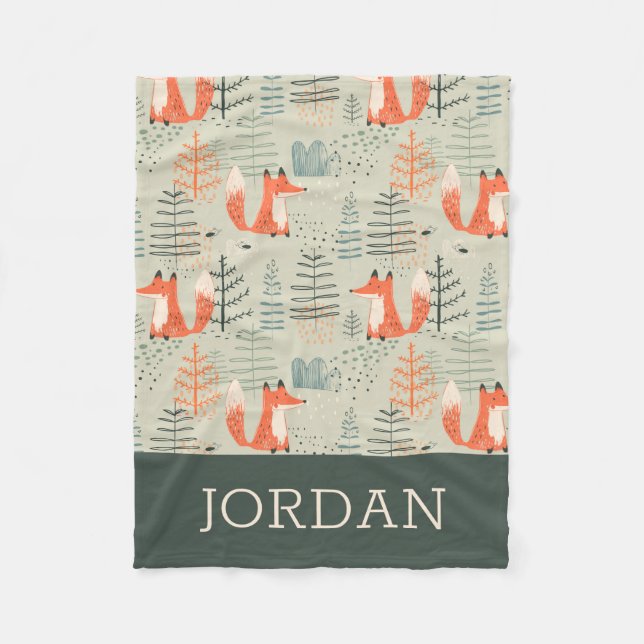 Cute Doodle Fox Forest Woodland Pattern Fleece Blanket (Front)