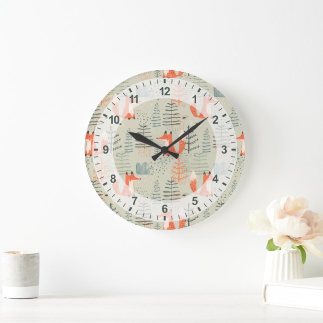 Cute Doodle Fox Forest Woodland Pattern Large Clock (Home)