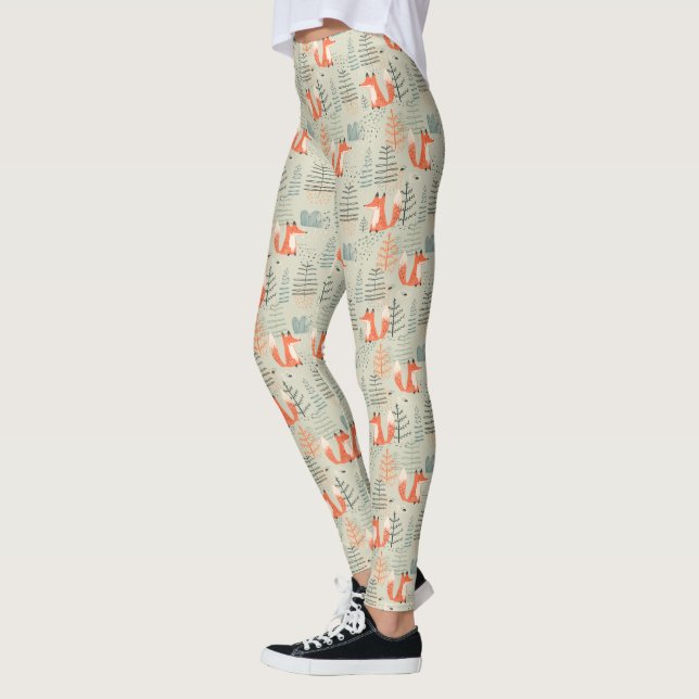 Cute Doodle Fox Forest Woodland Pattern Leggings (Left)