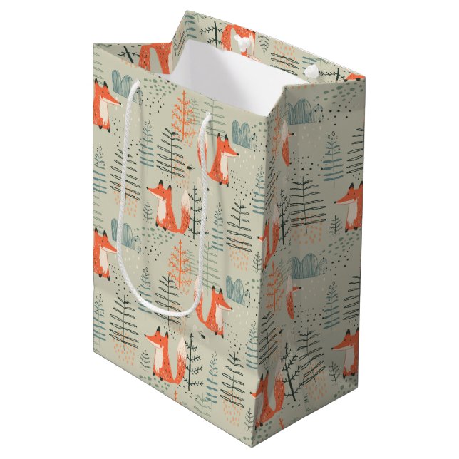 Cute Doodle Fox Forest Woodland Pattern Medium Gift Bag (Front Angled)
