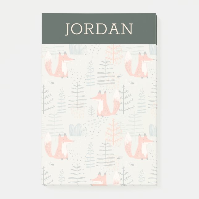Cute Doodle Fox Forest Woodland Pattern Post-it Notes (Front)