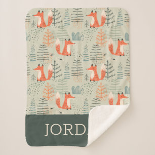 Cute Doodle Fox Forest Woodland Pattern Sherpa Blanket