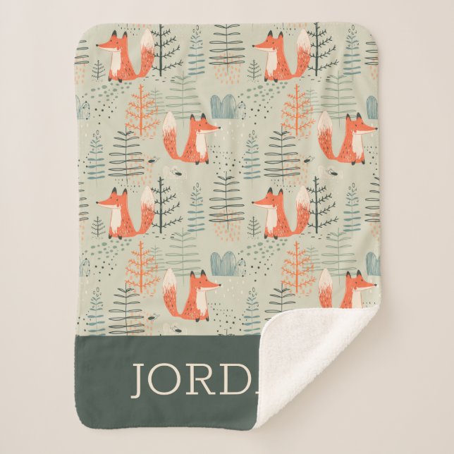 Cute Doodle Fox Forest Woodland Pattern Sherpa Blanket (Front)