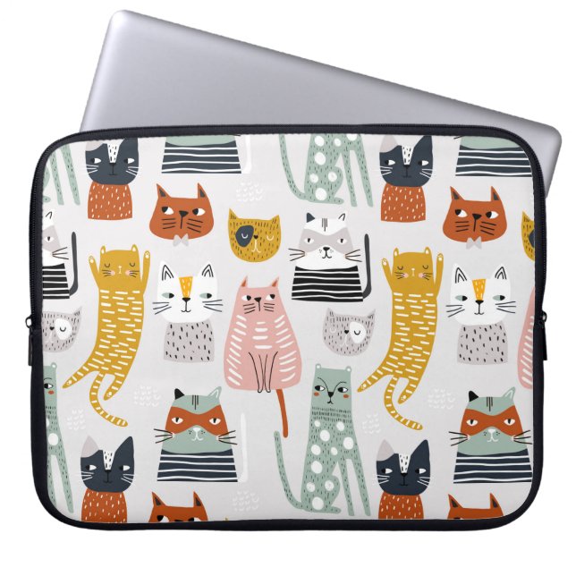 Cute Doodle Hand Drawn Cat Pattern Laptop Sleeve (Front)
