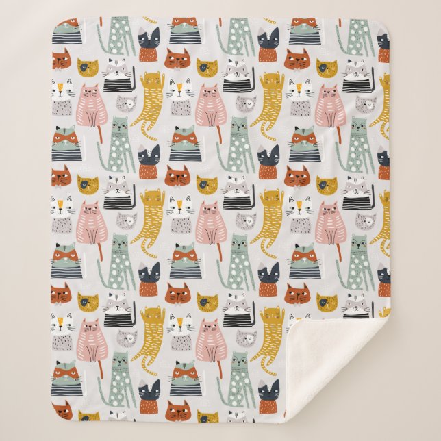 Cute Doodle Hand Drawn Cat Pattern Sherpa Blanket (Front)