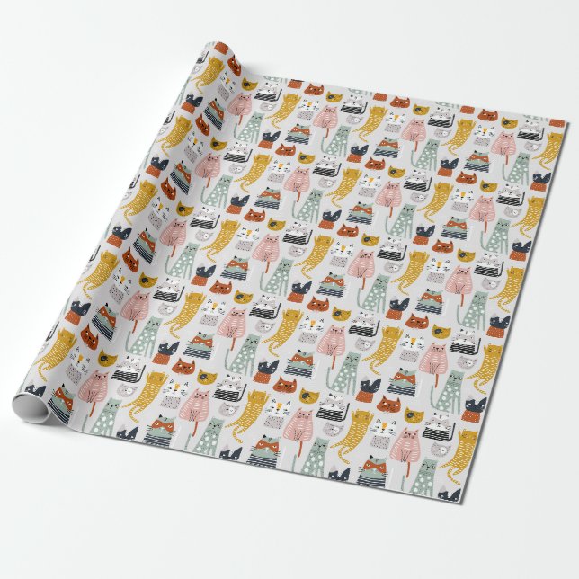 Cute Doodle Hand Drawn Cat Pattern Wrapping Paper (Unrolled)