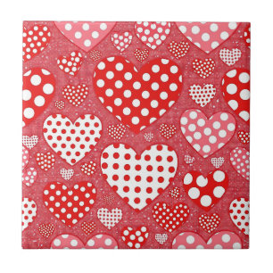 Cute Doodle Heart in Red Black and White Tile