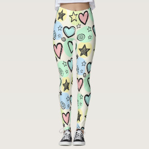 Cute Doodle Hearts and Stars with Pastel Colours Leggings
