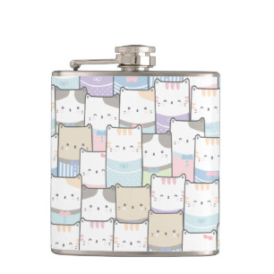 Cute Doodle Kitten Faces Pattern Hip Flask