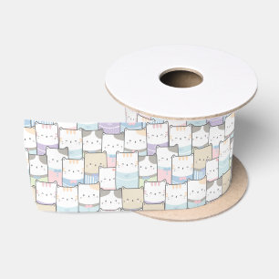 Cute Doodle Kitten Faces Pattern Satin Ribbon