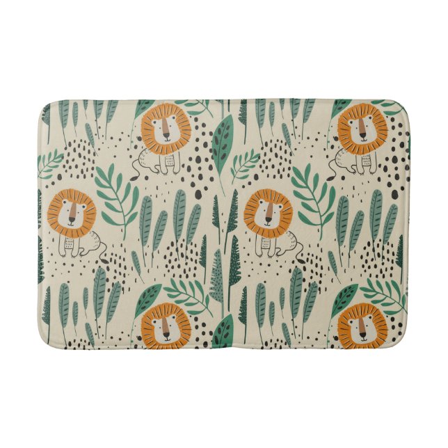 Cute Doodle Lion Jungle Rainforest Pattern Bath Mat (Front)