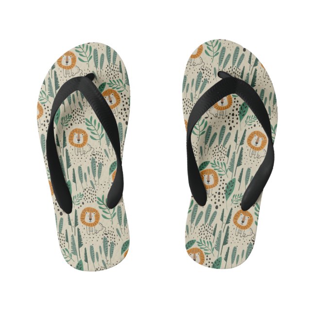 Cute Doodle Lion Jungle Rainforest Pattern Kid's Jandals (Footbed)