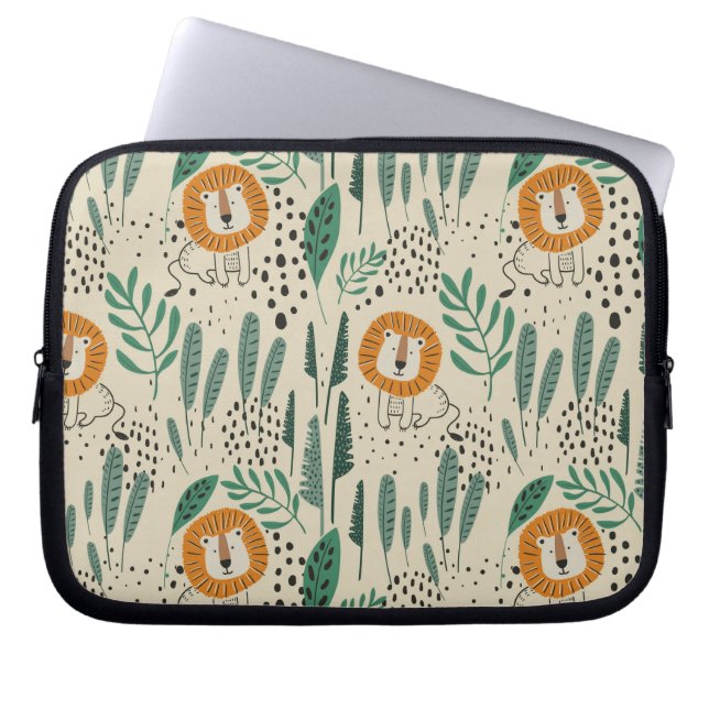 Cute Doodle Lion Jungle Rainforest Pattern Laptop Sleeve (Front)