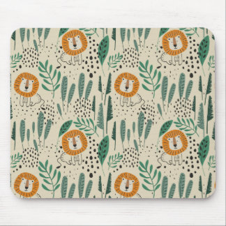 Cute Doodle Lion Jungle Rainforest Pattern Mouse Pad