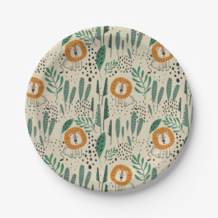Cute Doodle Lion Jungle Rainforest Pattern Paper Plate