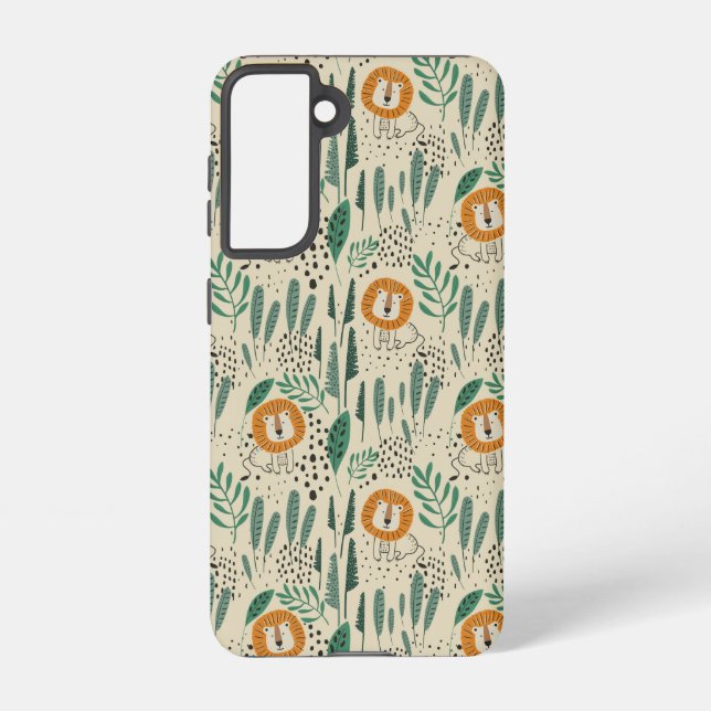 Cute Doodle Lion Jungle Rainforest Pattern Samsung Galaxy S21 Case (Back)
