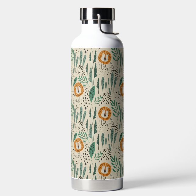 Cute Doodle Lion Jungle Rainforest Pattern Water Bottle (Left)