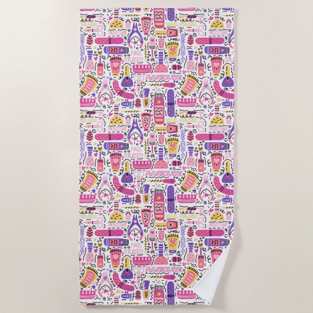 Cute Doodle Manicure Pattern Beach Towel (Front)