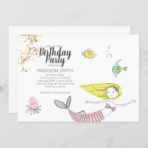 Cute Doodle Mermaid Faux Gold Birthday Invitation