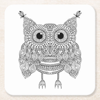 Cute Doodle Owl Square Paper Coaster