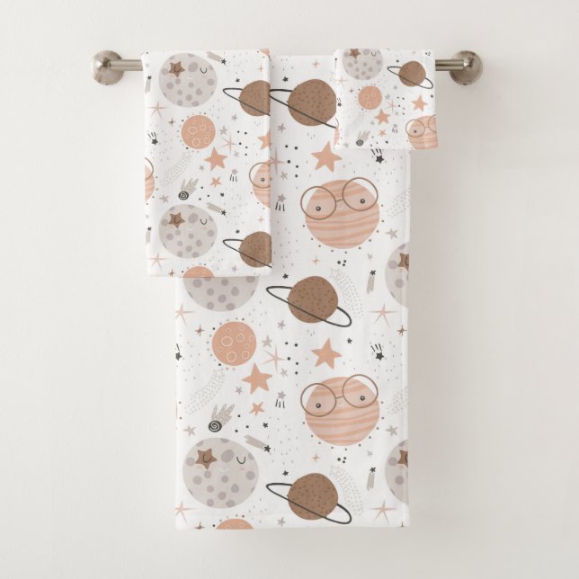 Cute Doodle Planet Pattern Bath Towel Set (Insitu)