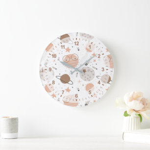 Cute Doodle Planet Pattern Large Clock