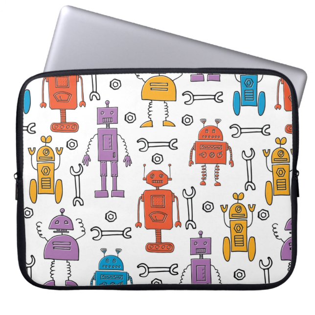 Cute doodle robots. Seamless pattern. Cartoon char Laptop Sleeve (Front)