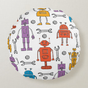 Cute doodle robots. Seamless pattern. Cartoon char Round Cushion
