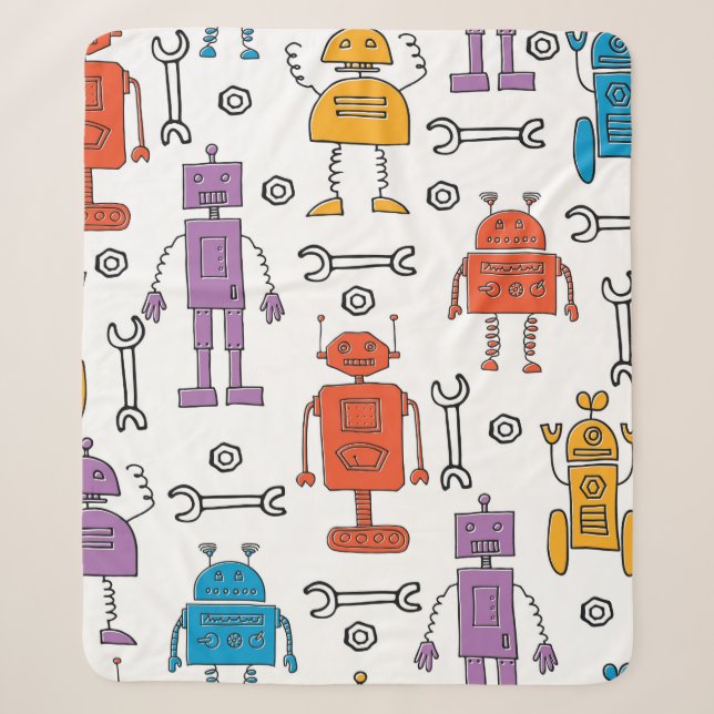Cute doodle robots. Seamless pattern. Cartoon char Sherpa Blanket (Front)