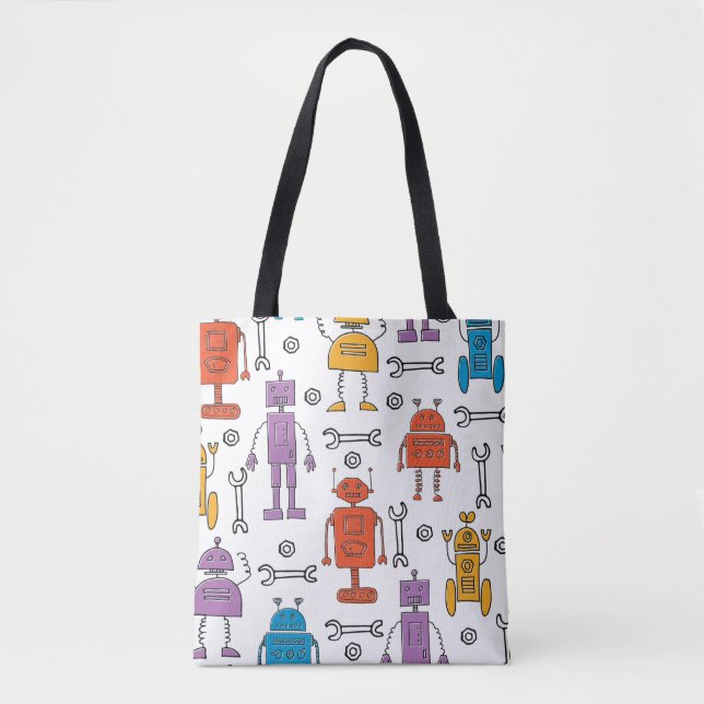 Cute doodle robots. Seamless pattern. Cartoon char Tote Bag (Front)