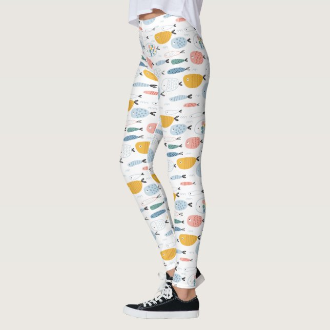 Cute Doodle School of Fish Pattern Leggings (Left)