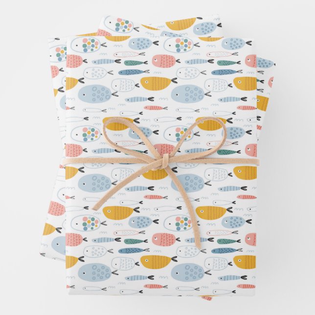 Cute Doodle School of Fish Pattern Wrapping Paper Sheet (In situ)