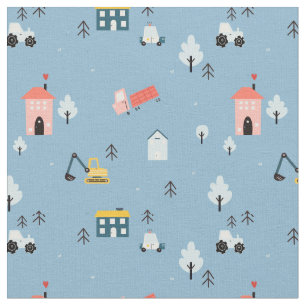 Cute Doodle Town Scene Pattern Fabric