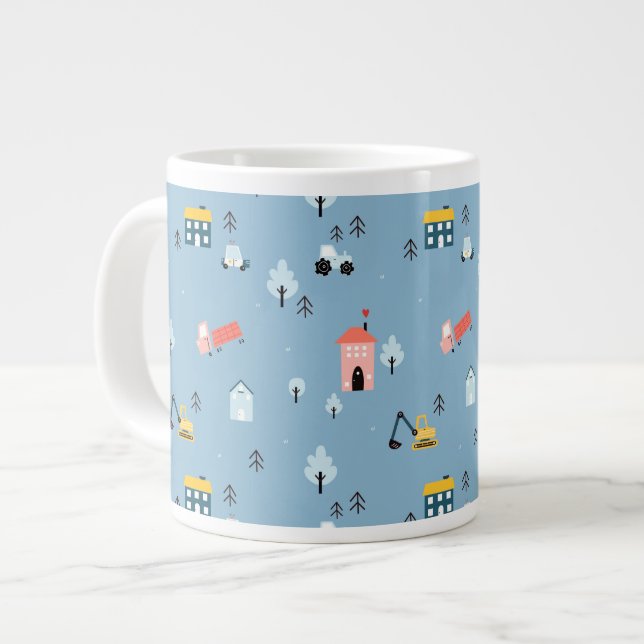 Cute Doodle Town Scene Pattern Large Coffee Mug (Front Left)