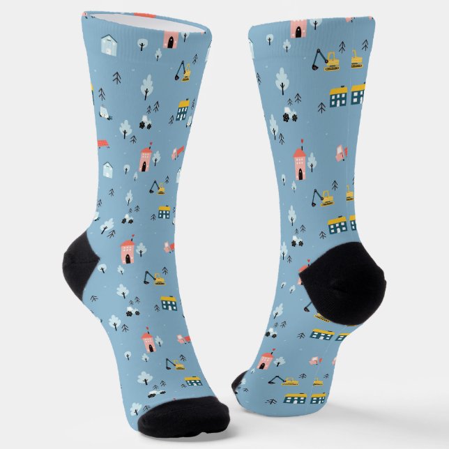 Cute Doodle Town Scene Pattern Socks (Angled)