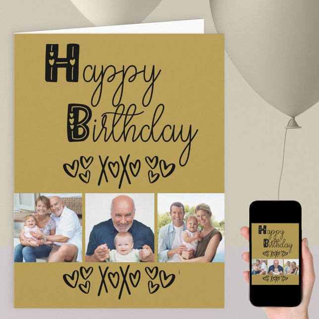 Cute Doodle Typography Gold Black 3 Photo Birthday Card (Creator Uploaded)