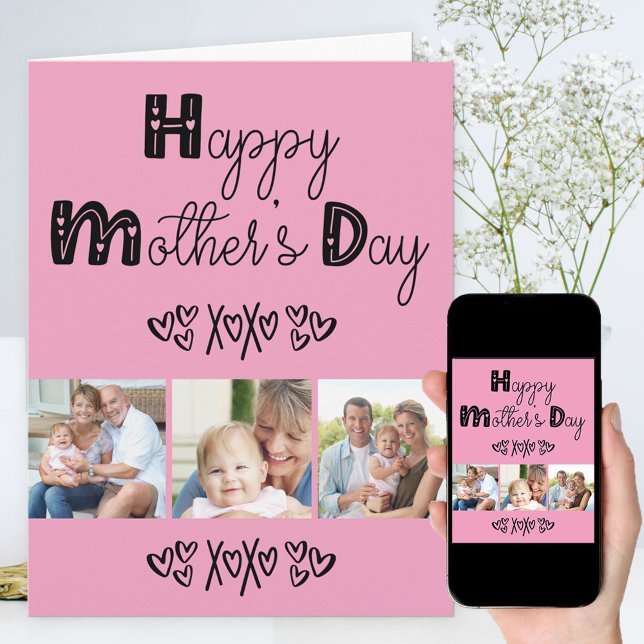 Cute Doodle Typography Pink 3 Photo Mother's Day Card (Creator Uploaded)