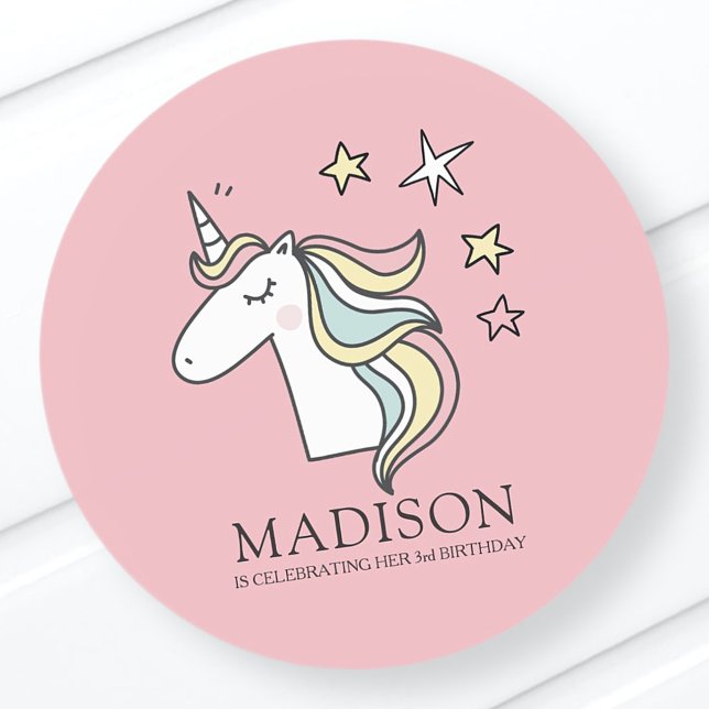 Cute Doodle Unicorn and Stars Birthday Classic Round Sticker (Creator Uploaded)