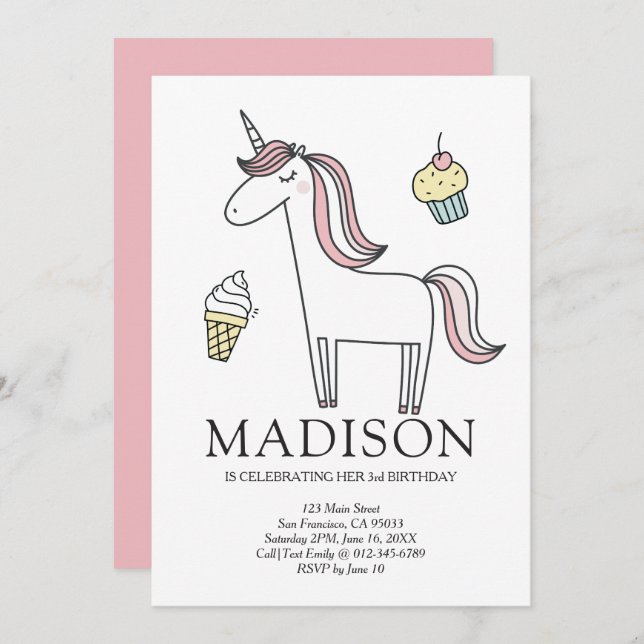 Cute Doodle Unicorn Sweets Birthday Invitation (Front/Back)