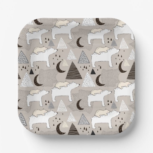 Cute Doodle Woodland Bear Pattern Paper Plate (Front)