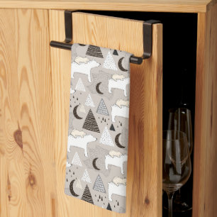 Cute Doodle Woodland Bear Pattern Tea Towel