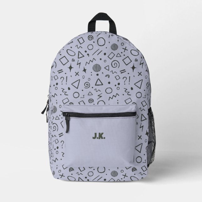 cute doodles retro pattern blue grey printed backpack (Front)