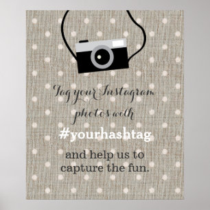 Cute Dots Burlap Wedding Photos Hashtag Sign