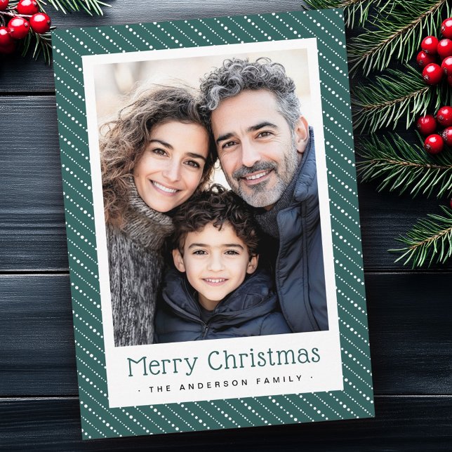 Cute dotted stripes merry Christmas photo green Holiday Card (Cute dotted stripes merry Christmas photo green Holiday Card)