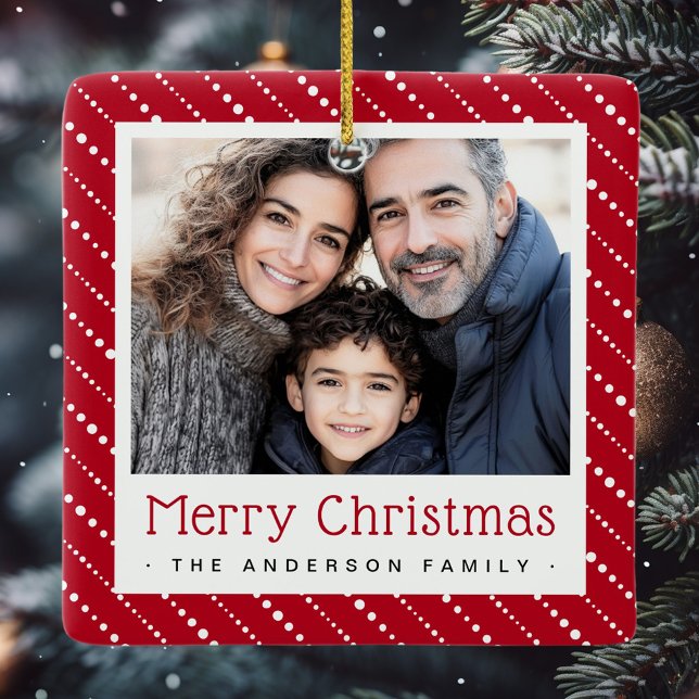Cute dotted stripes merry Christmas red photo Ceramic Ornament (Cute dotted stripes merry Christmas red photo Ceramic Ornament)